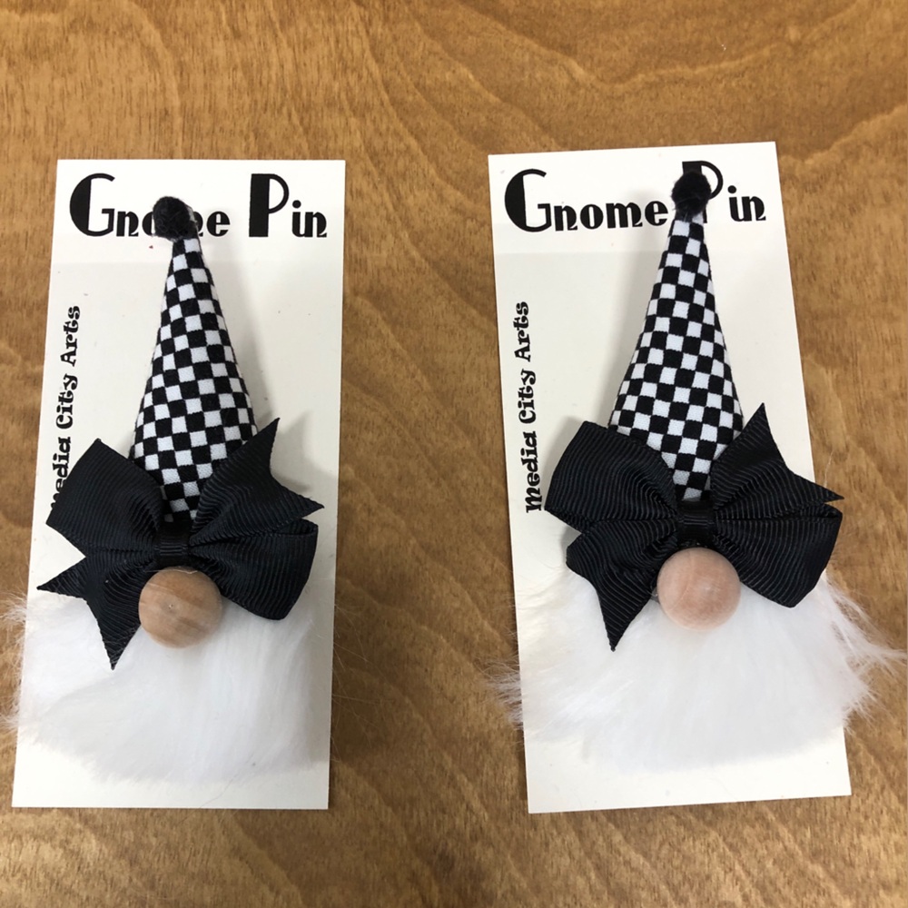 Black White Checkered Gnome Pin Brooch Gift Guide Bow Magnetic Halloween Racing